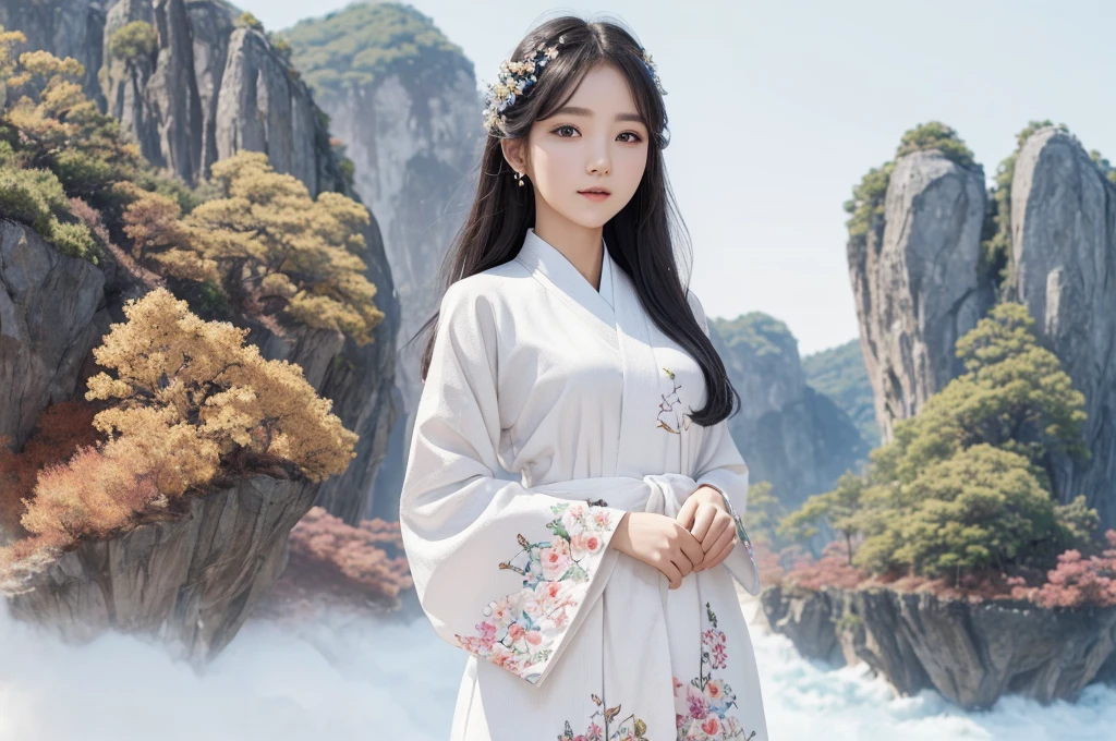 stechu,(white background:1.4), ((tachi-e)), original,(illustration:1.1),(best quality),(masterpiece:1.1),(extremely detailed CG unity 8k wallpaper:1.1), (colorful:0.9),(panorama shot:1.4),(solo:1.2), (ink splashing),(color splashing),((realistic)), clear sharp focus,{ 1girl standing },((korean style )),flower background,outdoors,rocks, looking at viewer, make happy expressions,soft smile,pure,beautyfull detailed face and eyes,beautyfull intricacy clothing decorative pattern details, black hair,black eyes