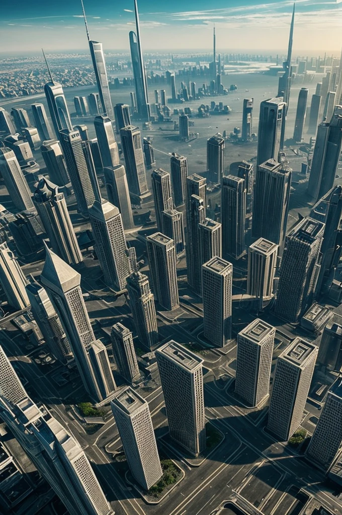 Create an image showing a futuristic city after the apocalypse, humanity was restored and God comes to live on earth, everything is clean and there is a lot of advanced technology,