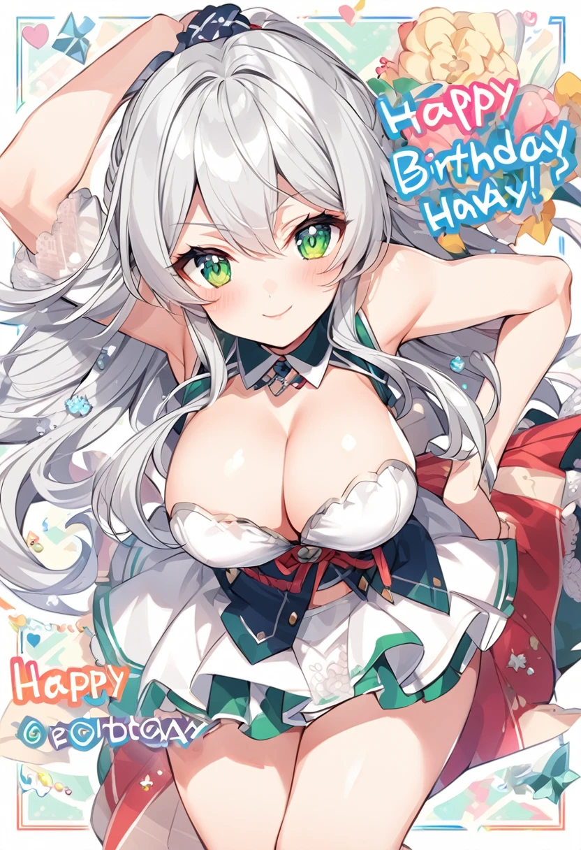 Post card, sexy waifu, long silver hair, green eyes, anime style. Busty, cute outfit, with the words "happy birthday"