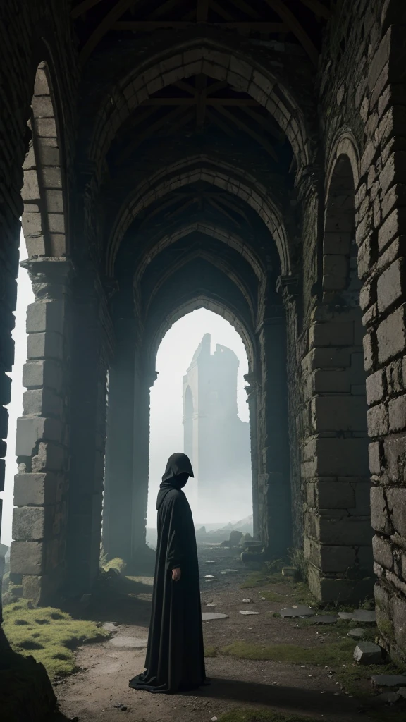 solitary figure wearing flowing lightweight black garments and a clearly visible balaclava, amidst the ruins of an old, dilapidated castle, broken stone walls and arches, moss-covered stones, foggy ambiance, aura of mystery and loneliness, suspenseful and haunting, normal lens, ambient light