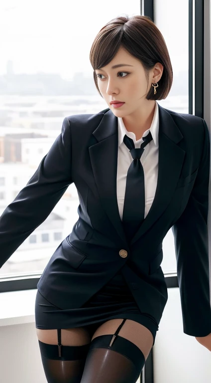 (8K, Highest quality, masterpiece:1.2), (Realistic, Realistic:1.37), Super detailed, 1 Girl, whole body, Stay in the office, (Tuned Hair:1.5) office lady, black office blazer, Office Skirt, (pantyhose: 1.2), (Short Button Down Shirt: 1.2), Button-up collar prim, Button-down collar prim, good, (pantyhose: 1.2), Alpha Layer, High heels, Beautiful earrings, Beauty, alone, Beautifully detailed skies, (Serious face: 1.15), (Mouth closed), Small breasts, Beautiful attention to detail, business suit, (short hair: 1.2), Floating Hair NovaFrogStyle,garter belt、Mature, long face、whole body画像、Garter stockings in natural skin tones、Garter belt