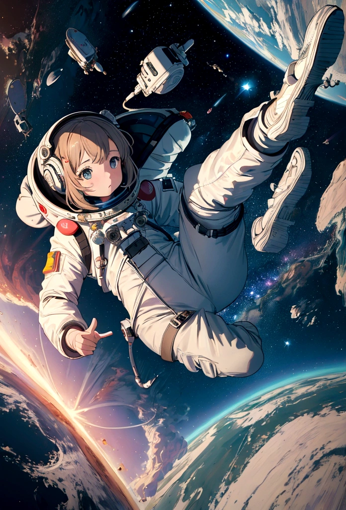 Ridiculous resolution, high resolution, (masterpiece:1.4), Extremely detailed, 1 Girl, in spacesuit, Look from above, space, floating, satellite, Running posture, Wide-angle lens distortion
