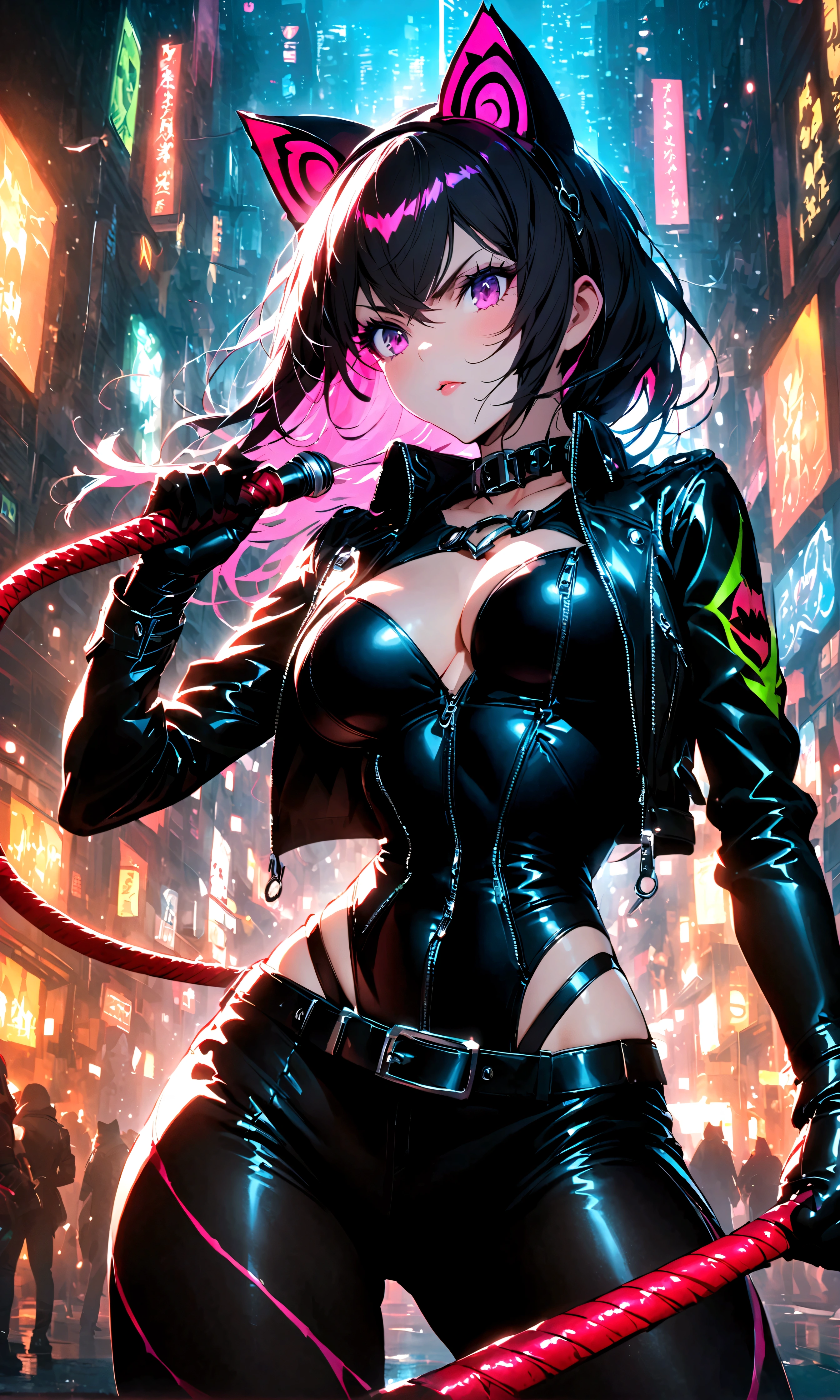 woman,Night city,wind,披wind,Black leather jacket,Catwoman,Rogue,Whip,((插画wind格))