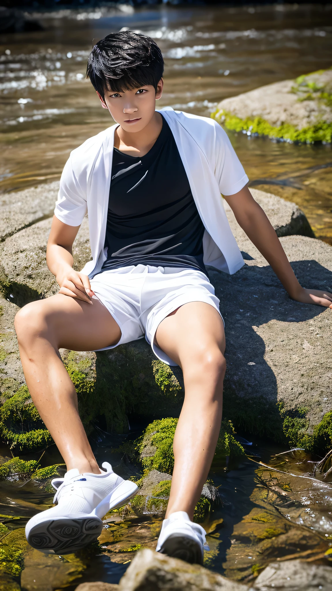 15-year-old boy, Upper body naked, Shorts ,Smooth Skin,Forest, Black Hair, Thin、Beautiful Boy、Japanese、Dark Eyes、whole body