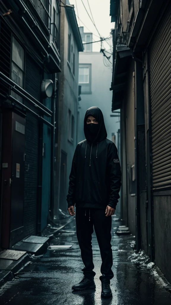 man in loose, lightweight black clothing, wearing a prominently visible balaclava, standing in a dark, abandoned alleyway, wet pavement, flickering streetlights, scattered trash, eerie atmosphere, sense of mystery and solitude, suspenseful mood, wide-angle lens, soft lighting