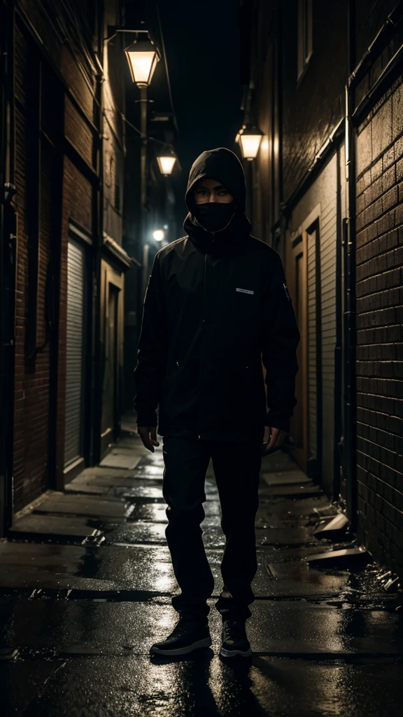 man in loose, lightweight black clothing, wearing a prominently visible balaclava, standing in a dark, abandoned alleyway, wet pavement, flickering streetlights, scattered trash, eerie atmosphere, sense of mystery and solitude, suspenseful mood, wide-angle lens, soft lighting