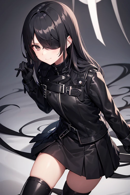 Women, black blindfolds, small smile, black jacket, White shirt, short black skirt, metallic boots, black knuckleless gloves.