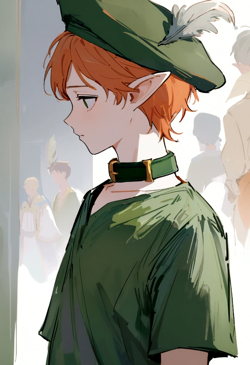 work of art, best qualityer, 1 young boy, Peter Pan, standing alone, close up, shorth hair, hair orange, green collar shirt, manga curta, hat feather, male focus, pointy ears,