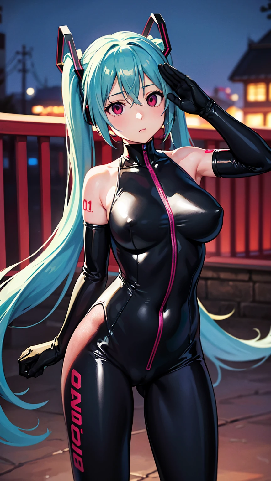 {{1 female},{{{{{Tabletop++, Highest quality++, Super detailed+, Ultra-high resolution,(Realistic:1.4)Cowboy Shot,Hatsune Miku, (vocaloid)RAW Photos,(Hatsune Miku)+,(Hatsune Miku)+, (vocaloid) Expressionless, Light blue hair, Red eyes ,clavicle, Twin tails, ((Black Bodysuit 1.6)),so beautiful, Highest quality, Absurd, One Girl, Brainwashed,}}}} Hollow Eyes,(Eyes glow red :1.4)), ((Big Breasts：1.1))、(The shape of the genitals is clearly visible)) cyber punk, Dark Lab, Dark Room,(Neon Light:1.2), (night:1.5), (Stand up and raise your right arm in a salute, Place your left hand on your hip)