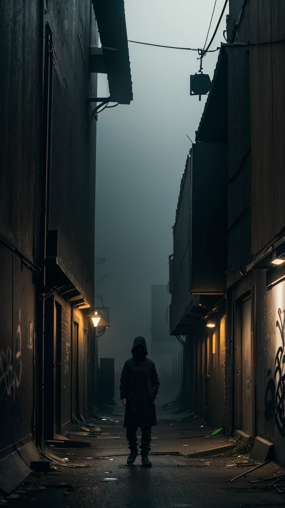 solitary figure wearing flowing lightweight black garments and a clearly visible balaclava, in a deserted, dilapidated urban alley, broken streetlights and graffiti-covered walls, damp ground and foggy air, aura of mystery and loneliness, suspenseful and haunting, normal lens, ambient lighting