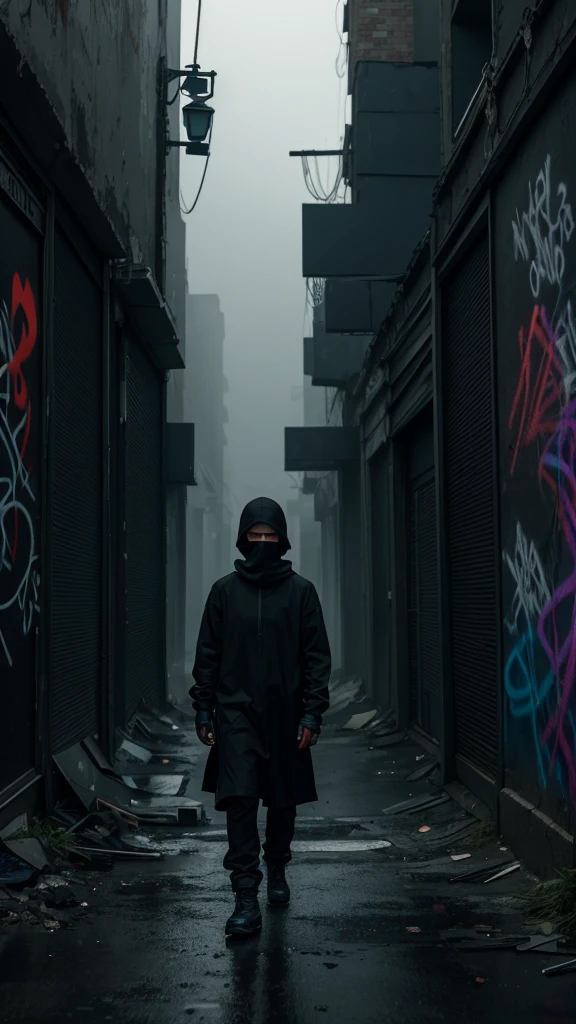 solitary figure wearing flowing lightweight black garments and a clearly visible balaclava, in a deserted, dilapidated urban alley, broken streetlights and graffiti-covered walls, damp ground and foggy air, aura of mystery and loneliness, suspenseful and haunting, normal lens, ambient lighting