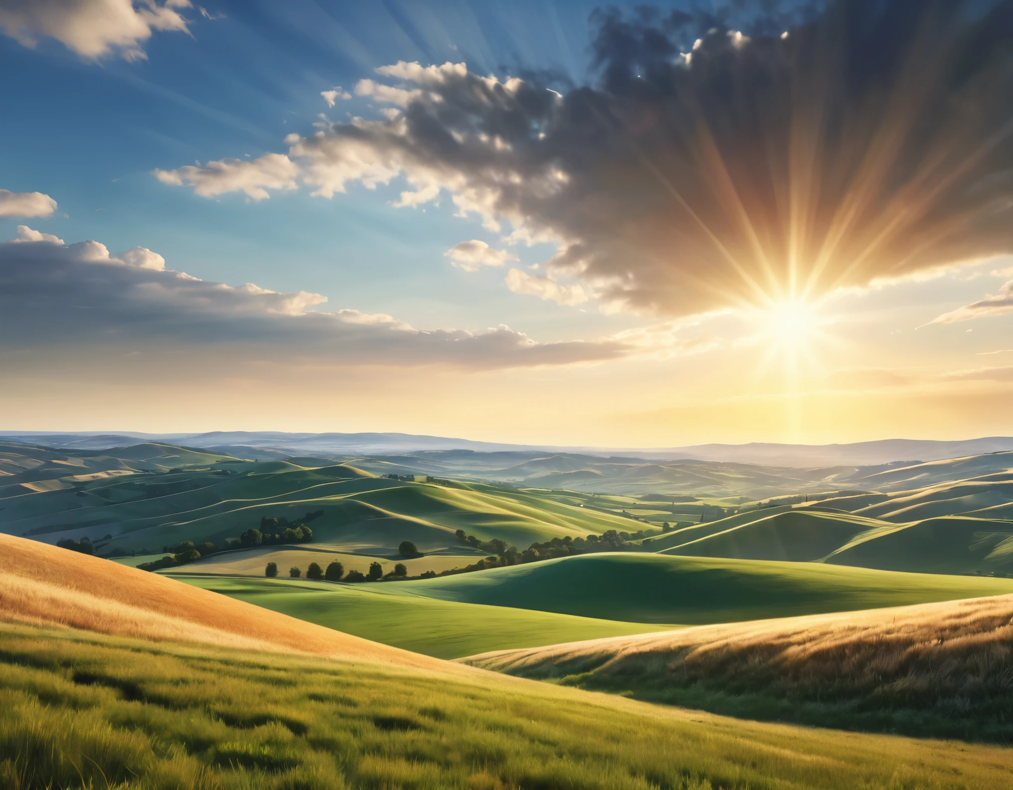 a vast open field, rolling hills in the distance, bright sunny day, sunrise, harsh sunlight, detailed landscape, dramatic lighting, vibrant colors, photorealistic, 8k, high quality, ultra detailed, masterpiece