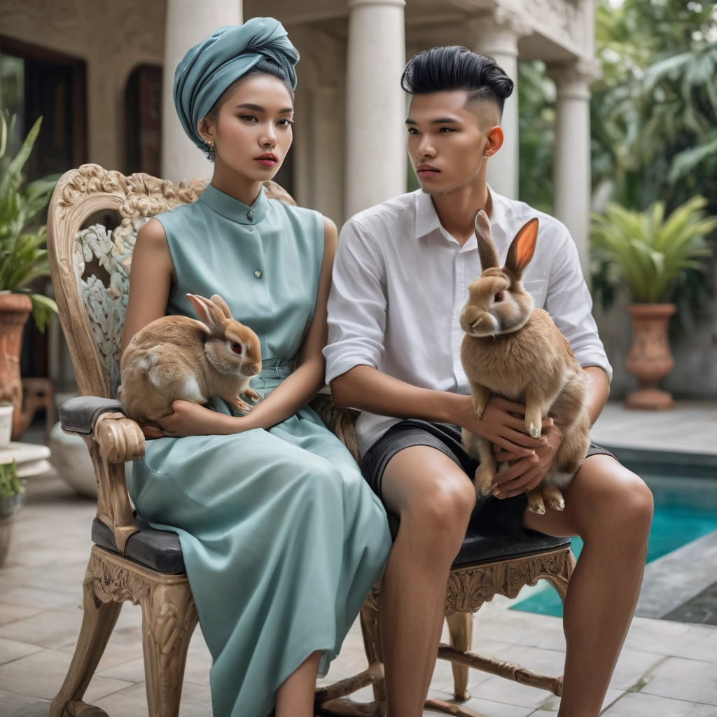 A stunning portrait photograph featuring a beautiful 20-year-old Indonesian woman with a chic headscarf, sitting on a uniquely designed epoxy resin chair. She holds a large rabbit, while a clean-faced man with a striking faux hawk hairstyle adorned with artistic designs sits beside her. The scene takes place on a romantic morning terrace, overlooking an architectural masterpiece. The composition captures the essence of fashion, architecture, and romance in the highest resolution possible with a Nikon Z6 III, showcasing exceptional detail and artistic vision in portrait photography., fashion, portrait photography, architecture