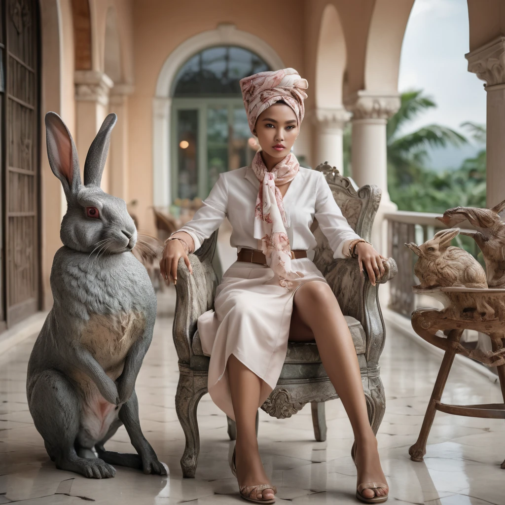 A stunning portrait photograph featuring a beautiful 20-year-old Indonesian woman with a chic headscarf, sitting on a uniquely designed epoxy resin chair. She holds a large rabbit, while a clean-faced man with a striking faux hawk hairstyle adorned with artistic designs sits beside her. The scene takes place on a romantic morning terrace, overlooking an architectural masterpiece. The composition captures the essence of fashion, architecture, and romance in the highest resolution possible with a Nikon Z6 III, showcasing exceptional detail and artistic vision in portrait photography., fashion, portrait photography, architecture