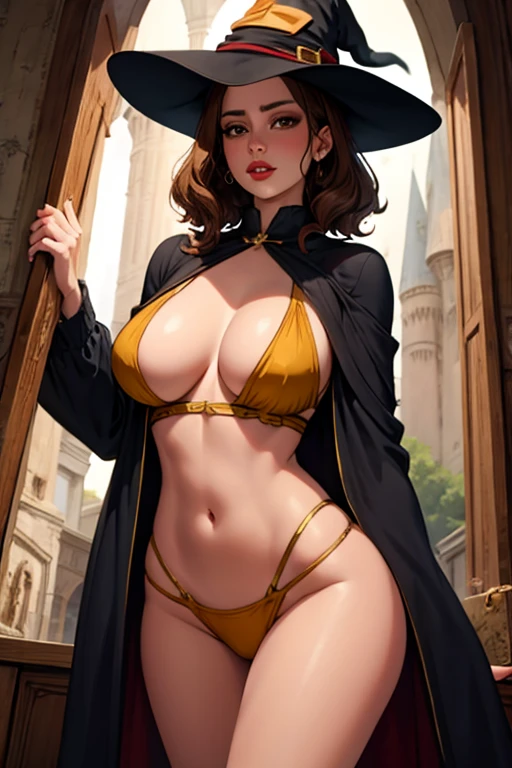 young girl, teenager ((s)), witch, bruja, hufflepuff, yellow clotes, hogwarts al fondo, hogwarts, noche, night, Renacimiento,renaissance, muy detallado, Realistic long-term photography., 4k, pelo largo, brown hair, By the chestnut, labios rojos, sexy,red lips, brown eyes, big breasts, pechos grandes,