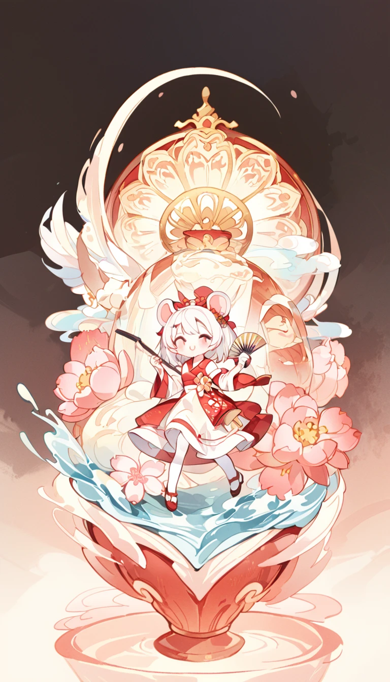 Have fun playing,Holding a fan,I wish you happiness and good health,(Clean background),Depth of detail,Q version three-headed body、Mouse ears,Transparent watercolor、girl、Beautiful arrangements and themes、Write Depth、Flat Avatar, 1girl, (Brown short hair), White hair tips,Fashionable design clothing(Red and White)),Background white、 可爱的girl, modest dress, Sakura pantyhose