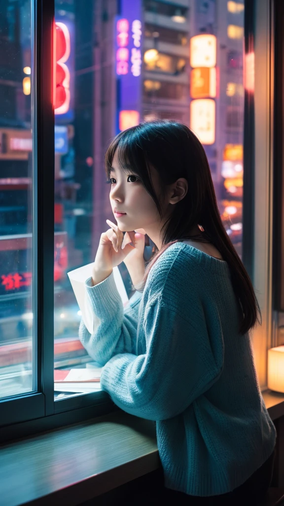 A beautiful half-Japanese, half-French girl studying by the window. Outside the window are the neon lights of the buildings.

