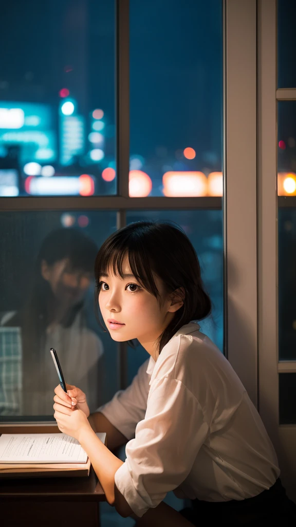 A beautiful half-Japanese, half-French girl studying by the window. Outside the window are the neon lights of the buildings.
