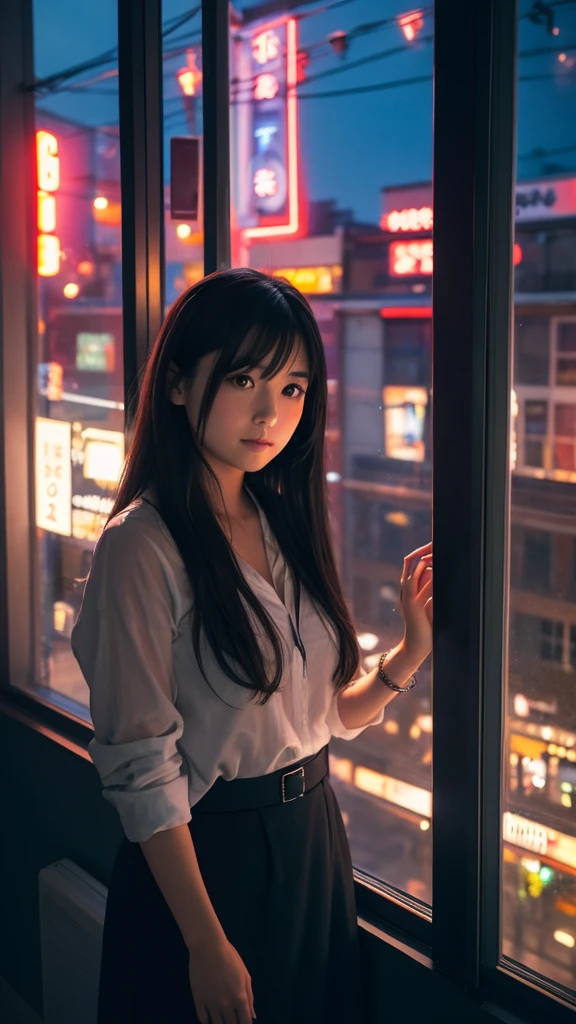 A beautiful half-Japanese, half-French girl studying by the window. Outside the window are the neon lights of the buildings.