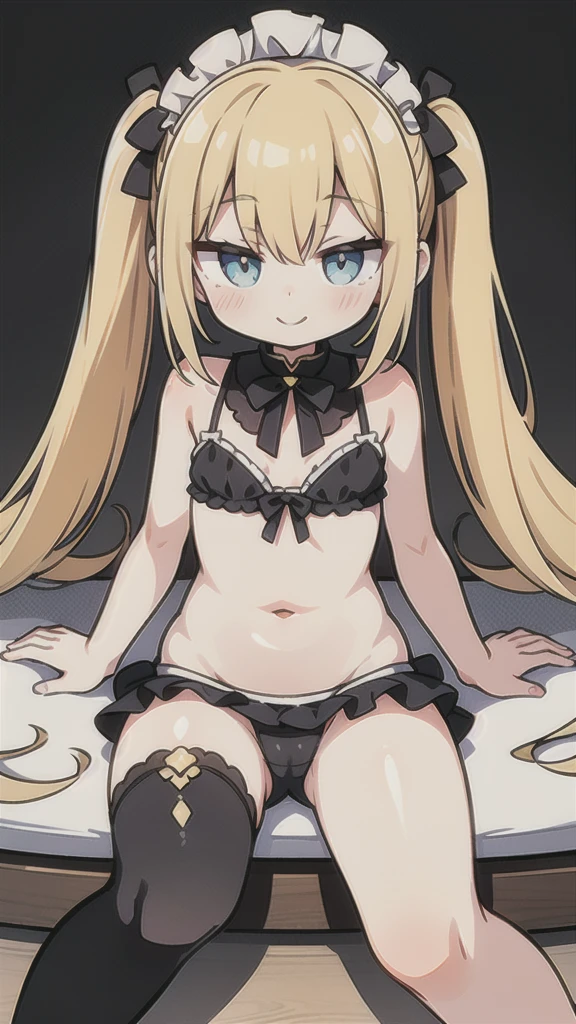 A girl with yellow hair, light blue eyes, yellow hair, smile, twin tails, girl, spread her legs, showing panties, stockings, smile, black stockings, ta style, young girl, sitting position, Blush, wink, maid, navel, Duqiong, elegance, anime girl young girl, lolitite, super long hair, jjmx, spread legs,, sitting, perfect composition, high-definition quality, masterpiece, fine depiction, extreme details , coordination of light and shadow, precise body proportions,Bikini,Bikini,bikinit
