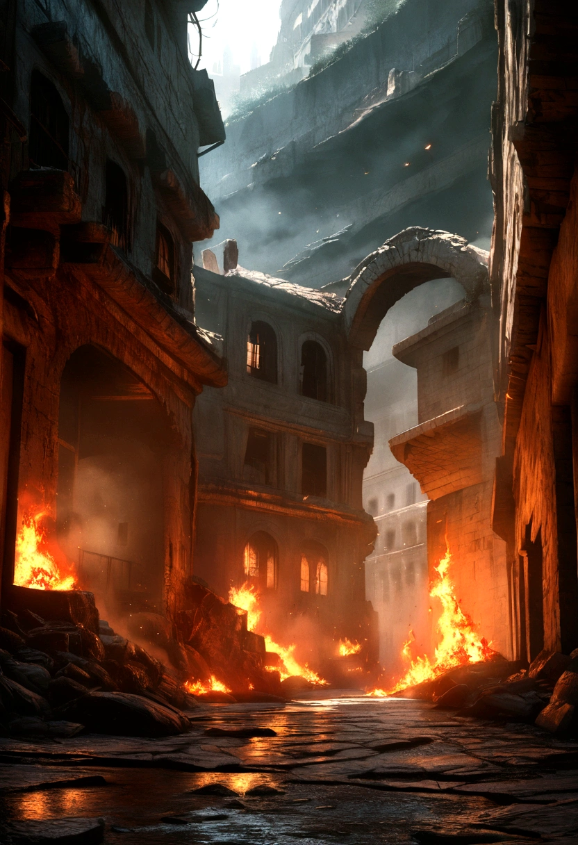 cinematic, dramatic lighting, intense fire, ancient Roman streets, crumbling architecture, billowing smoke, vibrant flames, high contrast, volumetric lighting, dramatic shadows, glowing embers, photorealistic, 8k, hyper detailed, cinematic composition, chiaroscuro, moody atmosphere, post-apocalyptic, dystopian, epic scale, masterpiece