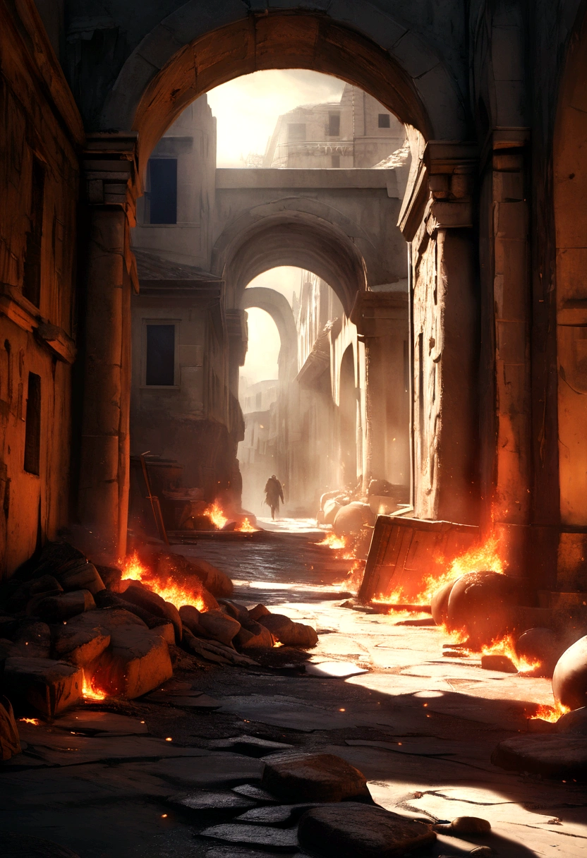 cinematic, dramatic lighting, intense fire, ancient Roman streets, crumbling architecture, billowing smoke, vibrant flames, high contrast, volumetric lighting, dramatic shadows, glowing embers, photorealistic, 8k, hyper detailed, cinematic composition, chiaroscuro, moody atmosphere, post-apocalyptic, dystopian, epic scale, masterpiece