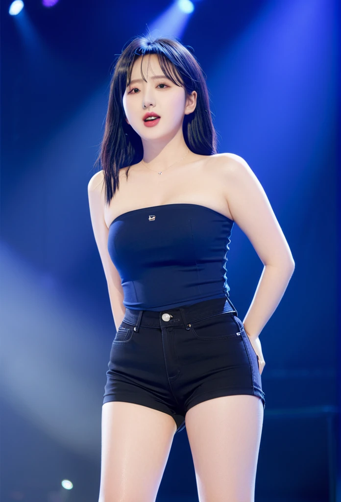 model, singer, thick clothes, extremely generous cutout dress, exposed armpit, in colorful stage, colorful loghting , sexy pose, big breast, big hips, big ass, open legs, huge hips, ahegao face, tongue out, tongue