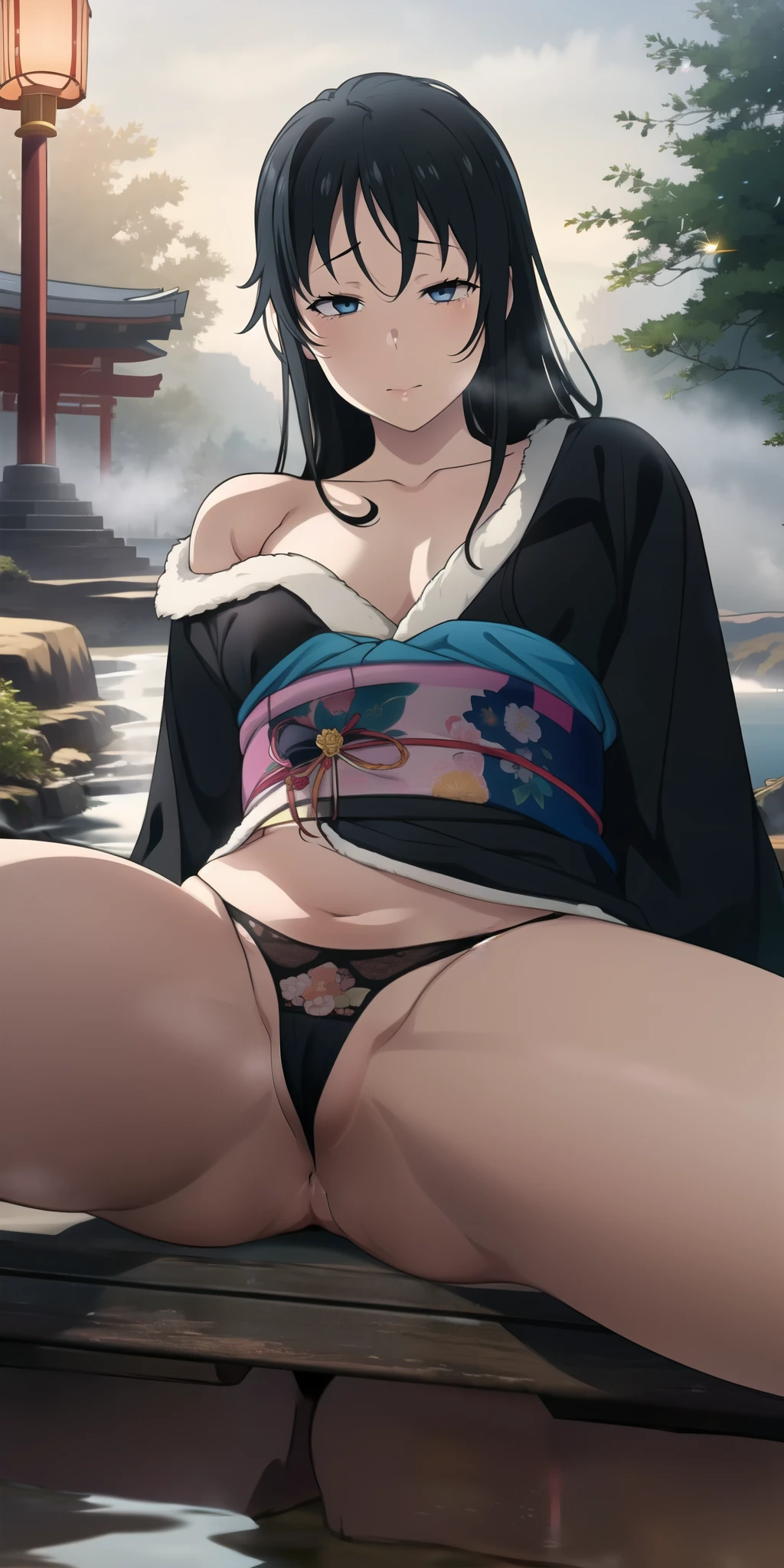 score_9, score_8_up, score_7_up, score_6_up, uncensored, BREAK,
yukinoshita yukino,
1girl, mature female, solo,
looking at viewer, naughty face,  half-closed eyes, head tilt,  parted lips, bimbo, 
black hair, long hair, thick lips, grey eyes,
, thigh boots, shiny, small breasts, belly,
long sleeves, sitting, thighs, outdoors, japanese clothes, sky, barefoot, day, wide sleeves, kimono, water, flower, spotlight, tree, legs, sash, bare legs, obi, spread legs, black lingerie, nature, black kimono, short kimono, reflective, (fog:1.3), fireflies,
