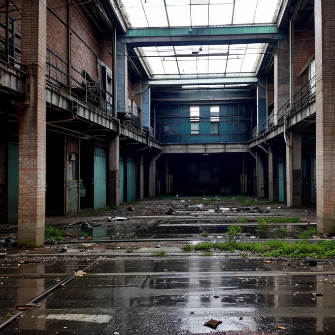 An abandoned factory in the middle of the city at midnight, hiperrealista, con un letrero que diga factory, el color principal es el aqua