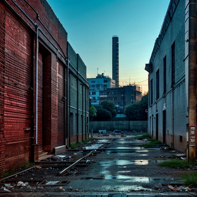 An abandoned factory in the middle of the city at midnight, hiperrealista, con un letrero que diga factory, el color principal es el aqua