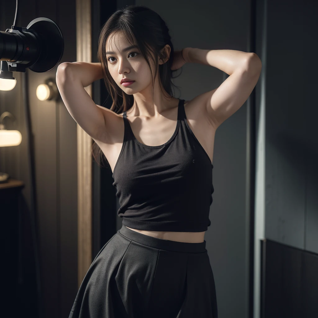 1girl, woman, masterpiece, best quality, highest quality, cinematic lighting, (volumetric lighting), extremely detailed CG unity 8k wallpaper, focused, 8k wallpaper, extremely detailed, ultra realistic, photorealistic, sharp focus, absurdres, (HDR:1.3), (high contrast), photograph, detailed and intricate, instagram, portrait, highly detailed, digital painting, artstation, concept art, smooth, sharp focus, illustration, big breast, wearing knit tank top, skirt, show back, show ass, beautiful ass, look at the viewer, realistic human body structure、perfect body, slender body, realistic skin .