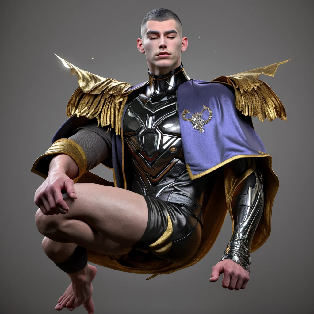A realistic 3D male model in full body composition, wearing a full body hero suit and cape in the pattern of a professional baseball uniform, a very short haired, crew cut, cool, dandy-like, veteran-aged man with a shiny, sparkling blue cape that is longer than his body, gloves and a cap are always worn, an original hero, only the eyebrows, eyelashes and eyes are visible, his mouth is bandaged and sealed, the upper half of his face is bare with a sharp gaze, he has six pack abs, a muscular macho man with a sturdy body, he has both legs closed, his hands are clasped behind his back in an X shape, his whole body is bound and sealed with duct tape and he is held down. He has collapsed from exhaustion and is sleeping with his eyes closed. A coat of arms, in a dark room background, his whole body facing forward, backward, left and right (north, south, east and west), an image of him being restrained and mummified.