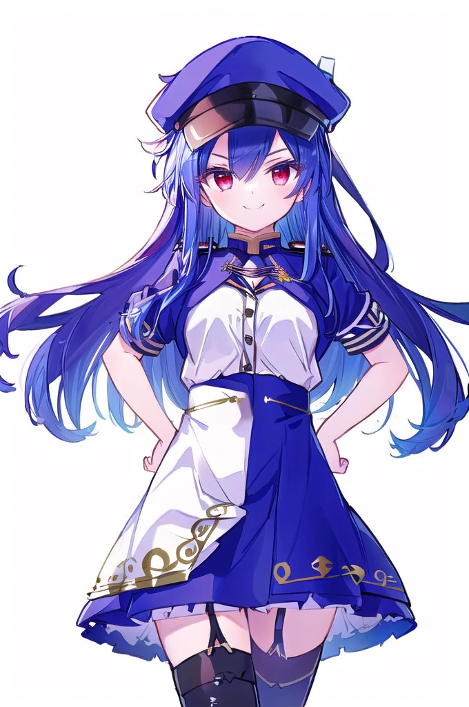 (masterpiece),best quality, perfect face, 1girl, evil smile, hands on waist, beautiful, blue hair, blue hair, floating clothes, waist grab, grabbing waist, red eyes, hands on hips, legs on ground, flat chest, military suit, uniform, miniskirt, black leather thigh boot, leather gloves, white background, military uniform, military, looking at the viewer, military hat, garter belt straps on skirt