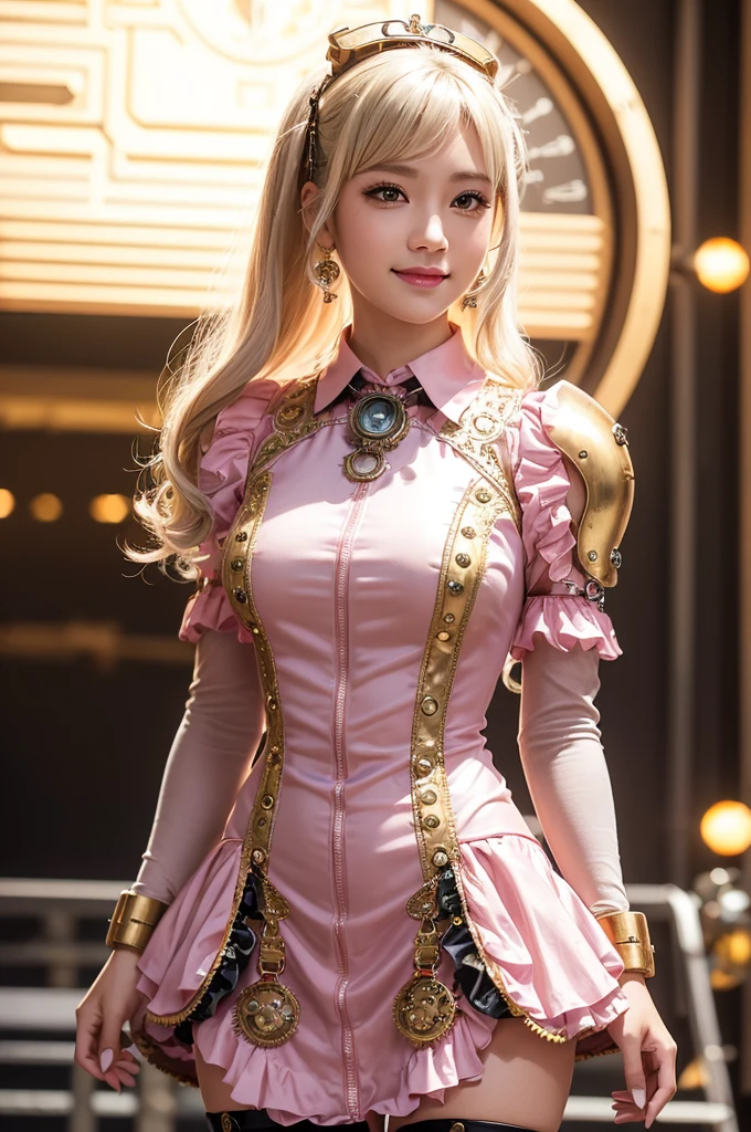Woman portrait、Highest quality、Rear view、8K,Detailed face, clear, Fine skin、Clear, beautiful eyes、whole body、Bright beautiful face、The beauty of a smile,Curly Hair、My hair was messed up by the wind、(Glamorous Muscle),(Hip_superior, Hip superior), Mature Woman,( Watching the audience),Realistic, High resolution, Soft Light,1 female, alone, Hipアップ, Glowing Skin, (Detailed face), Sexy smile, Perfect Style, Perfect balance,Platinum gold hair,Shaggy Hair,,Naughty look,((Steampunk ruffle dress)),(,Sailor-style collared ao dai,Pink Mecha, High-tech Mecha,Beautiful steampunk cyborg woman,Steampunk Mecha Cyborg Girl,Pink steampunk pink and gold and white jacket,hair ornaments,wrist cuffs,mini skirt,Steampunk bodystocking),((arms behind back)),(bokeh),(studio lighting)