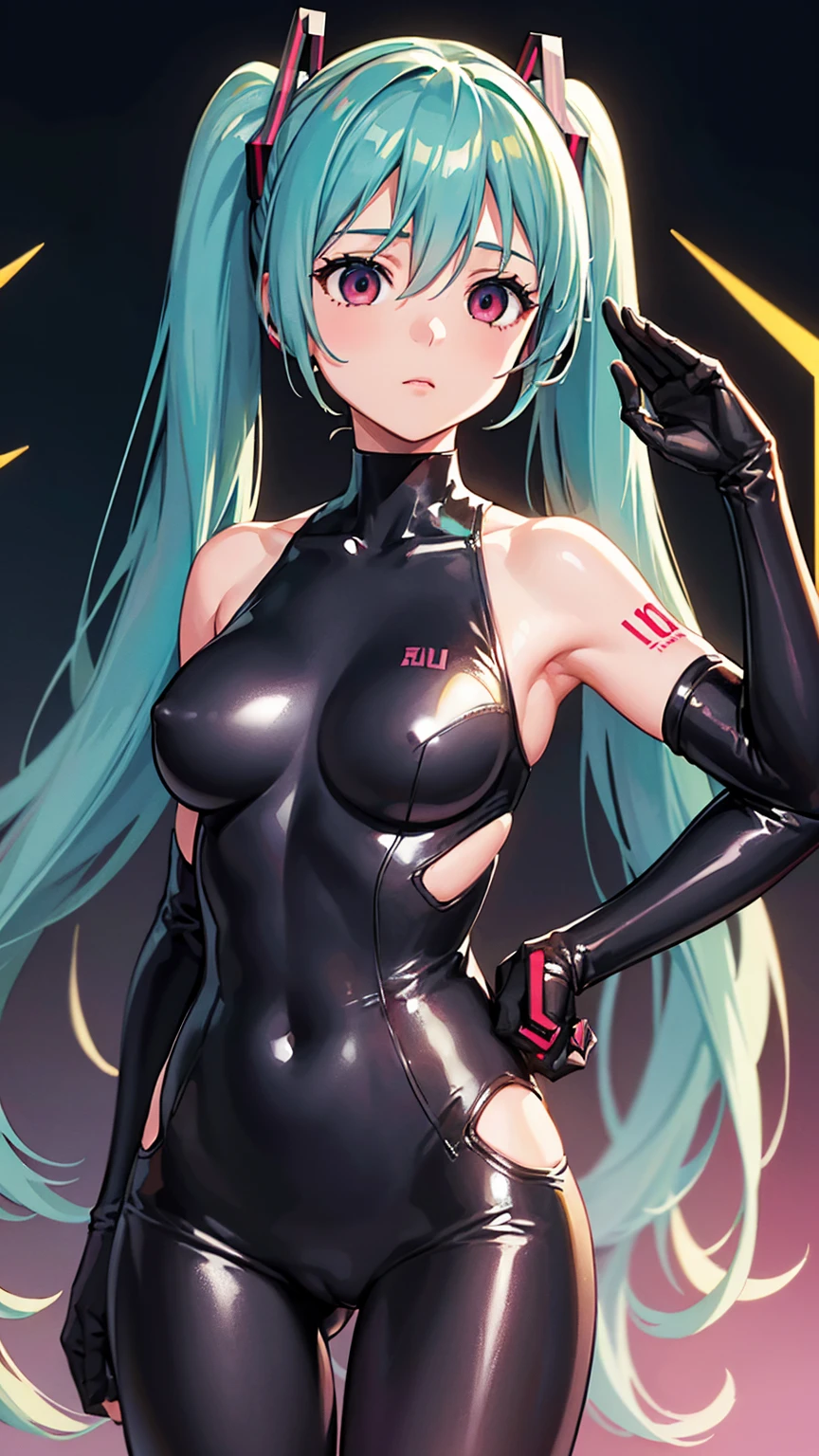 {{1 female},{{{{{Tabletop++, Highest quality++, Super detailed+, Ultra-high resolution,(Realistic:1.4)Cowboy Shot,Hatsune Miku, (vocaloid)RAW Photos,(Hatsune Miku)+,(Hatsune Miku)+, (vocaloid) Expressionless, Light blue hair, Red eyes ,clavicle, Twin tails, ((Black Bodysuit 1.6)),so beautiful, Highest quality, Absurd, One Girl, Brainwashed,}}}} Hollow Eyes,(Eyes glow red :1.4)), ((Big Breasts:1.1))、(The shape of the genitals is clearly visible)) cyber punk, Dark Lab, Dark Room,(Neon Light:1.2), (night:1.5), (Stand up and raise your right arm in a salute, Place your left hand on your hip)