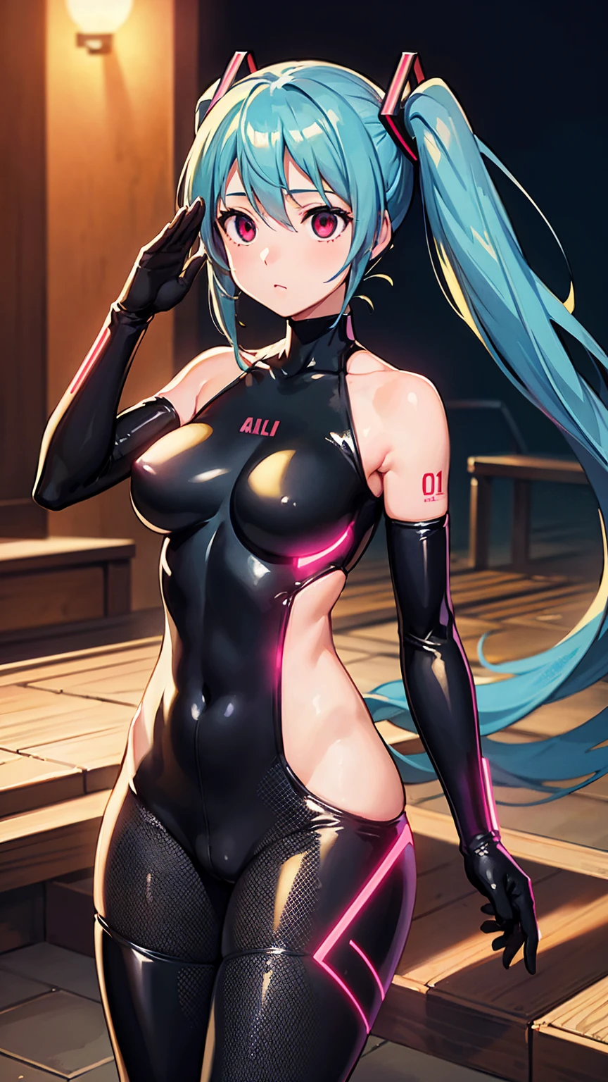 {{1 female},{{{{{Tabletop++, Highest quality++, Super detailed+, Ultra-high resolution,(Realistic:1.4)Cowboy Shot,Hatsune Miku, (vocaloid)RAW Photos,(Hatsune Miku)+,(Hatsune Miku)+, (vocaloid) Expressionless, Light blue hair, Red eyes ,clavicle, Twin tails, ((Black Bodysuit 1.6)),so beautiful, Highest quality, Absurd, One Girl, Brainwashed,}}}} Hollow Eyes,(Eyes glow red :1.4)), ((Big Breasts：1.1))、(The shape of the genitals is clearly visible)) cyber punk, Dark Lab, Dark Room,(Neon Light:1.2), (night:1.5), (Stand up and raise your right arm in a salute, Place your left hand on your hip)