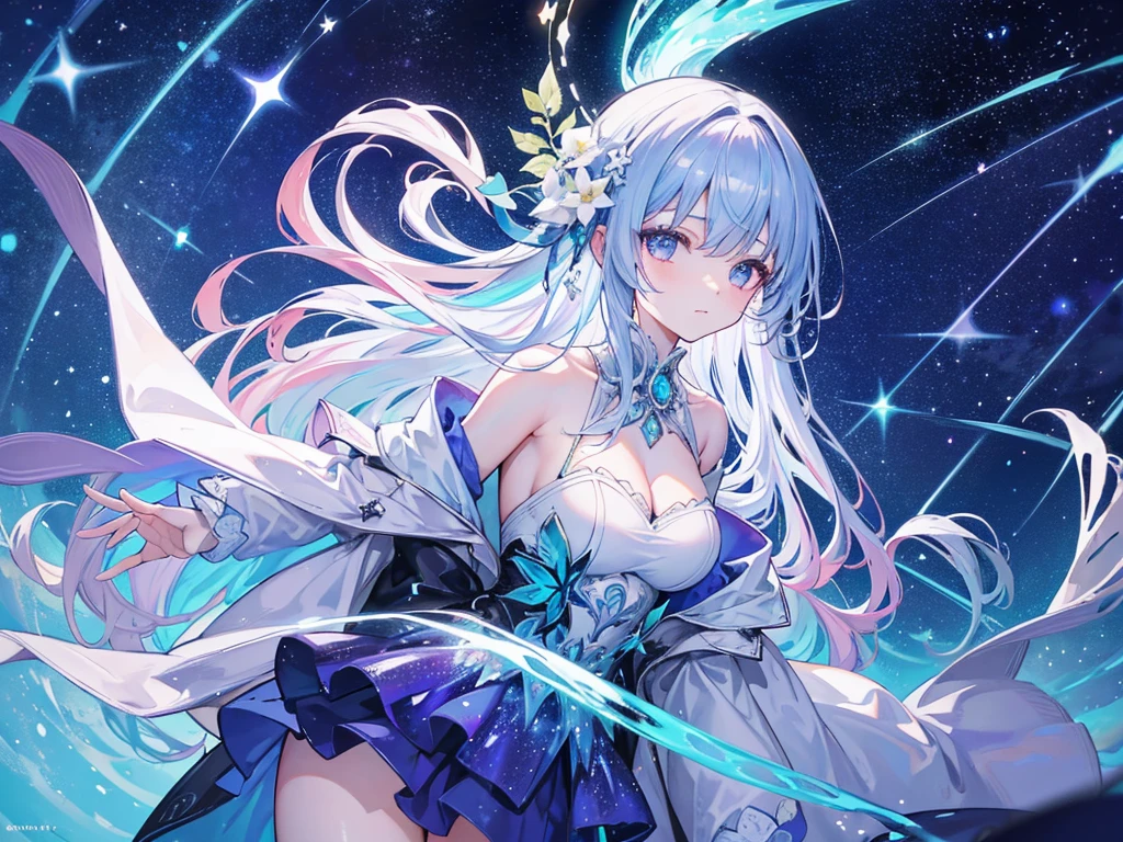 "Imagine a meticulously detailed and visually stunning anime wallpaper. In the center of the composition, There is a scene of a fantastic and surreal landscape: a starry sky with northern lights dancing in bright and vibrant colors, creating a celestial spectacle that illuminates the entire stage. Spotlight, there is an anime style female figure, long shiny hair in shades of blue and purple, with large, expressive eyes that reflect amazement and admiration at the cosmic spectacle. She is dressed in an elegant dress that flows with the movements of the star wind, adorned with patterns of stars and constellations that seem to come to life under the light of the auroras. Around her, there are elements of a magical nature: trees with luminous leaves that seem to emit a soft glow, and exotic flowers that shine in iridescent colors. The background is decorated with snow-capped mountains and crystal clear lakes that reflect the starry sky, creating an atmosphere of serenity and wonder in this dream world."