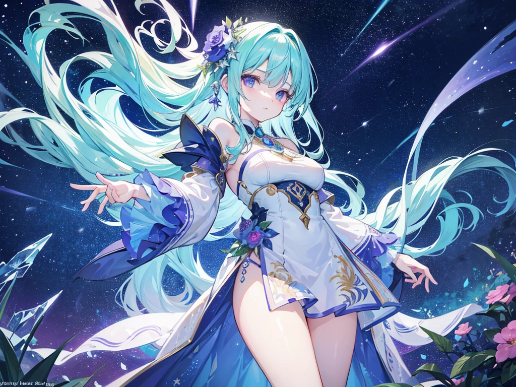 "Imagine a meticulously detailed and visually stunning anime wallpaper. In the center of the composition, There is a scene of a fantastic and surreal landscape: a starry sky with northern lights dancing in bright and vibrant colors, creating a celestial spectacle that illuminates the entire stage. Spotlight, there is an anime style female figure, long shiny hair in shades of blue and purple, with large, expressive eyes that reflect amazement and admiration at the cosmic spectacle. She is dressed in an elegant dress that flows with the movements of the star wind, adorned with patterns of stars and constellations that seem to come to life under the light of the auroras. Around her, there are elements of a magical nature: trees with luminous leaves that seem to emit a soft glow, and exotic flowers that shine in iridescent colors. The background is decorated with snow-capped mountains and crystal clear lakes that reflect the starry sky, creating an atmosphere of serenity and wonder in this dream world."