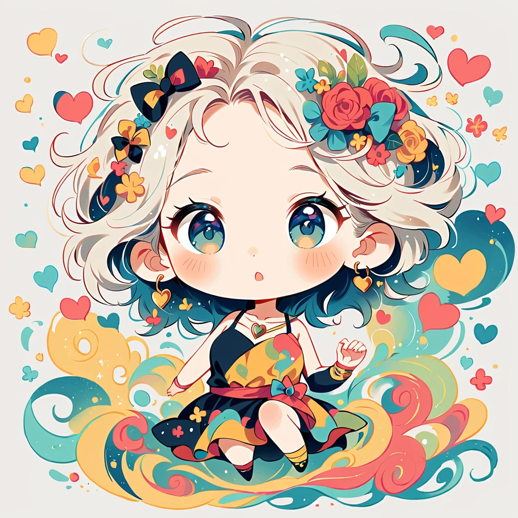 Black Star Red and White style, Simple Line Initialism，Abstract art，Urban Background, colorful hearts ,(((The most beautiful girl of all time))), (((chibi))), playing with Cute amoeba