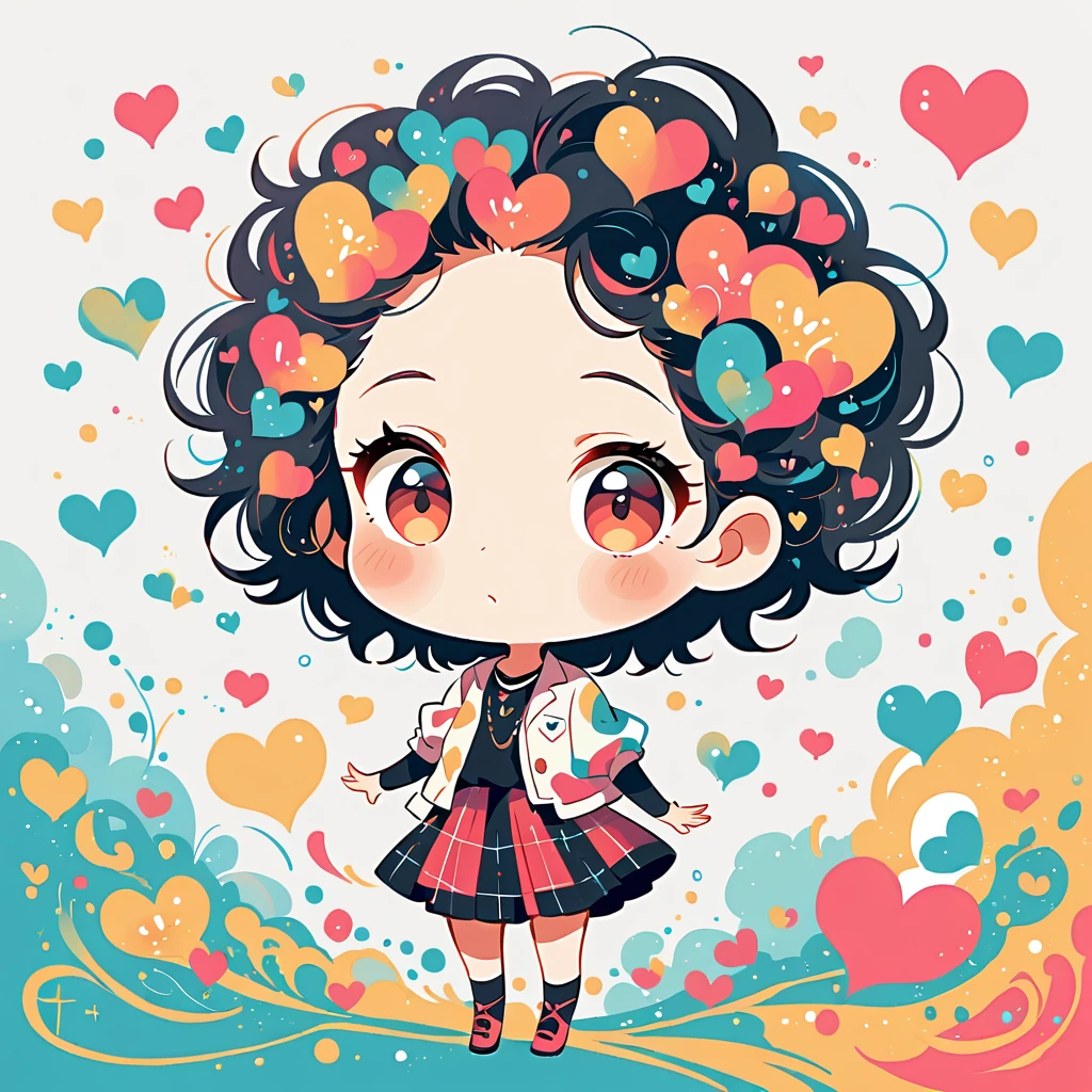 Black Star Red and White style, Simple Line Initialism,Abstract art,Urban Background, colorful hearts ,(((The most beautiful girl of all time))), (((chibi))), playing with Cute amoeba