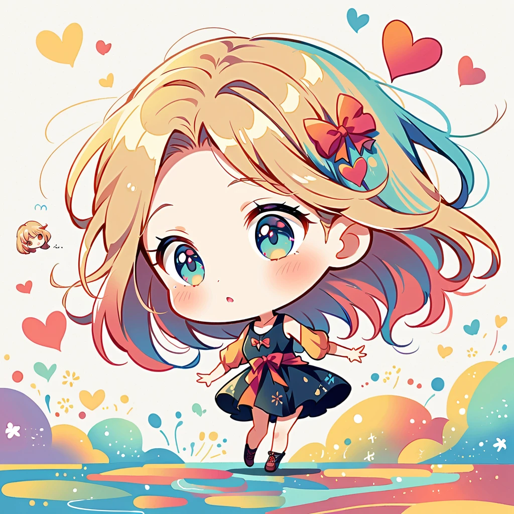 Black Star Red and White style, Simple Line Initialism,Abstract art,Urban Background, colorful hearts ,(((The most beautiful girl of all time))), (((chibi))), playing with Cute amoeba