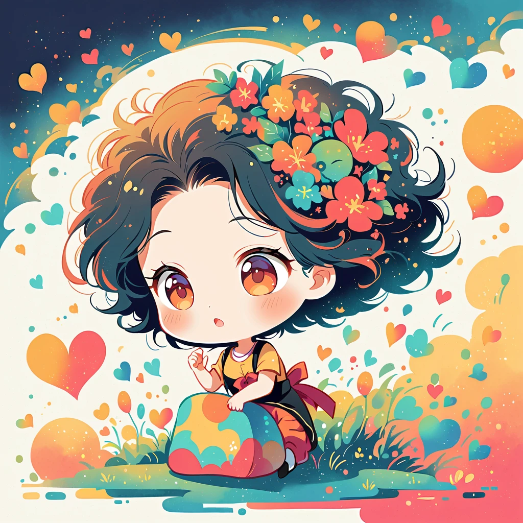 Black Star Red and White style, Simple Line Initialism,Abstract art,Urban Background, colorful hearts ,(((The most beautiful girl of all time))), (((chibi))), playing with Cute amoeba