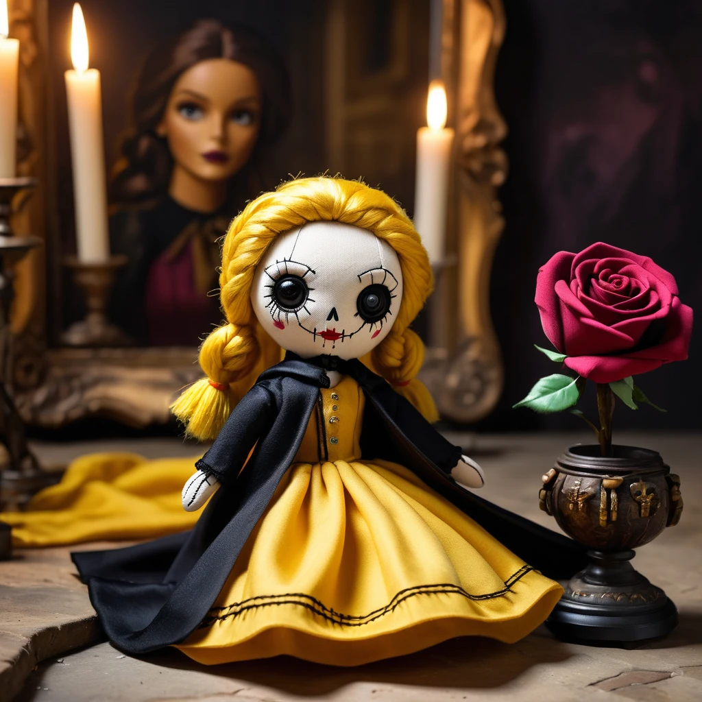 (knitted toy voodoo doll: 1.6), (Voodoo Beauty and the Beast: 1.3), (clothes Yellow dress with dark elements, black cloak: 1.0), (Rose in a glass dome, mirror: 1.1) (against the background Abandoned castle with shadows and light: 1.3), best quality, masterpiece, detailed soft oil painting, detailed background, dramatic cinematic lighting, soft edge lighting, professional, dramatic lighting, hard edge lighting, ultra quality, 4k,masterpiece, best quality, 8k, ultra highres, highres, extremely detailed