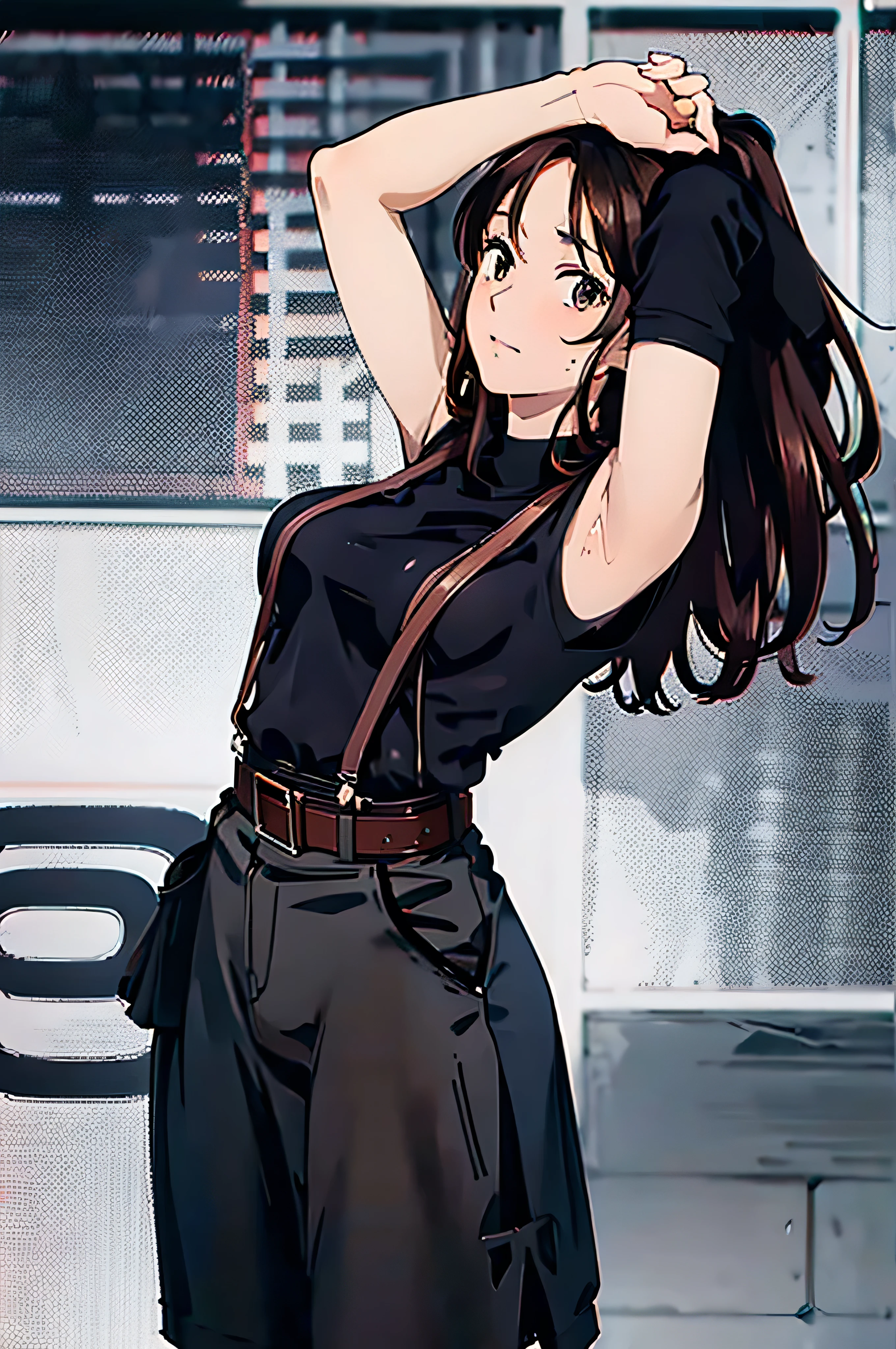 Black Skirt, suspenders, Brown hair Gray eyes, 脚にガーターbelt, Tight black clothes, belt Armpit sweat Dark look Moderate bust holster Put your hands behind your back