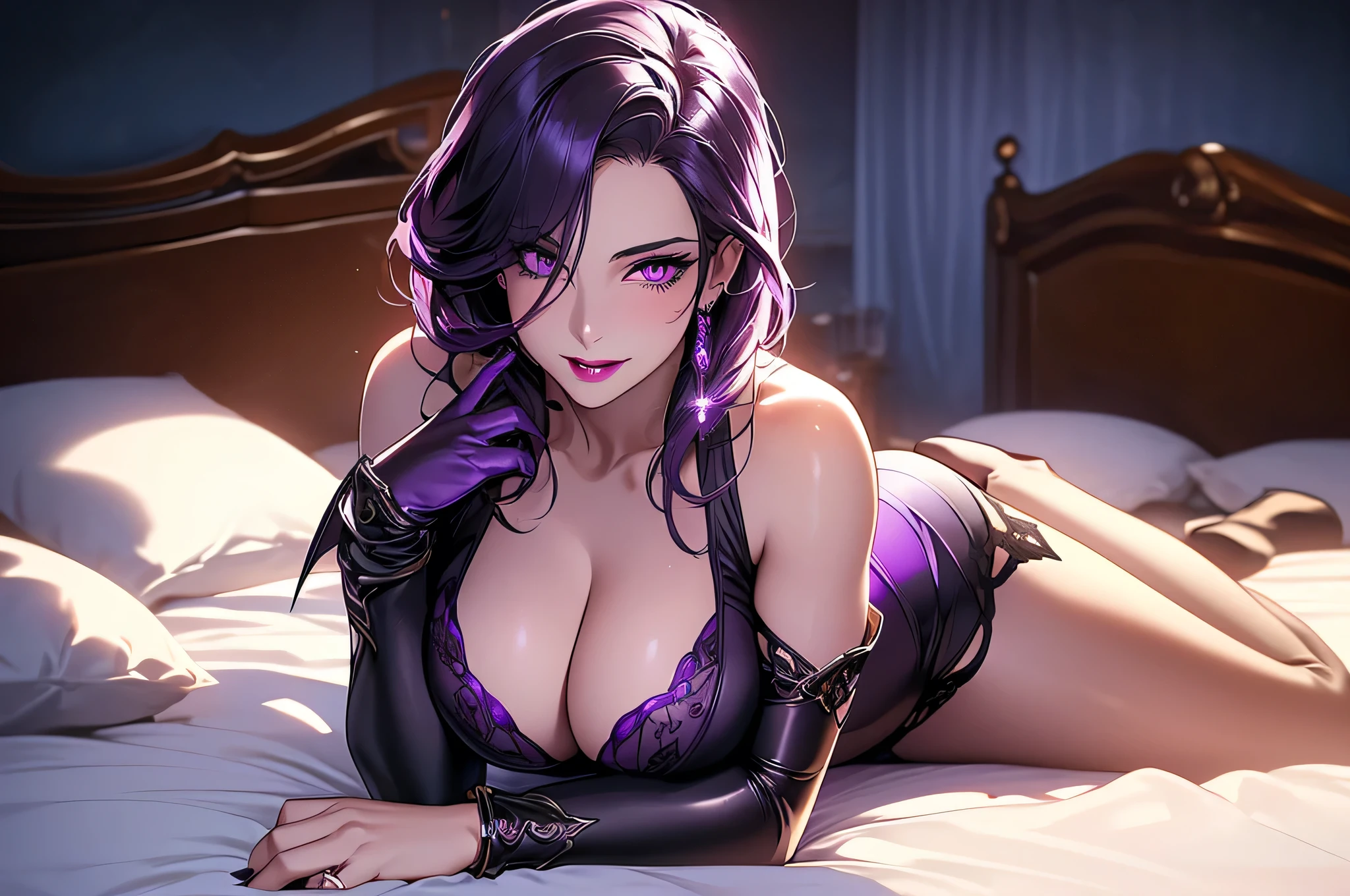 Mature Woman,(Detailed Description,Incredibly absurd,High resolution,8k wallpaper,masterpiece,Highest quality,Depth of region,Anatomically accurate depiction,A face with attention to detail, Eye for detail,Perfect body,Nice hands, Perfect Fingers),(Glowing Skin、Shiny skin、Oilskin),(((Succubus))),(See-through,tights),eyelash,(Intensely glowing purple eyes,Seductive Gaze,There is cleavage in the chest,Bewitching Smile,Large Breasts,lipstick,Spread-legged position on bed,Staring gaze,blush,The temptation to depravity,Seductive pose),Devil's Wings,(whole body),background:Midnight Bedroom,Purple Light,(From above:1.1)