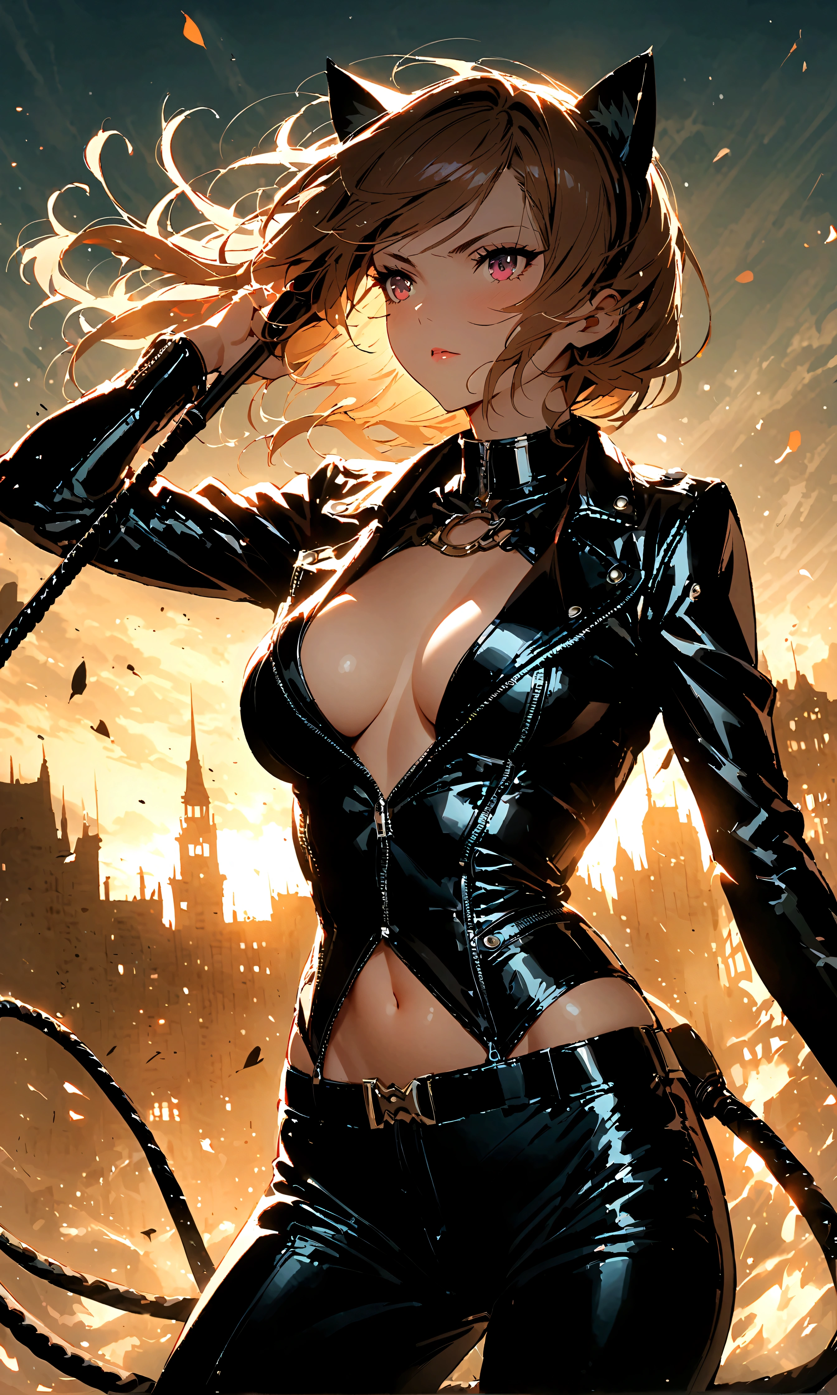 woman,wind，披wind，Black leather jacket，Catwoman，Rogue，Whip，((插画wind格))