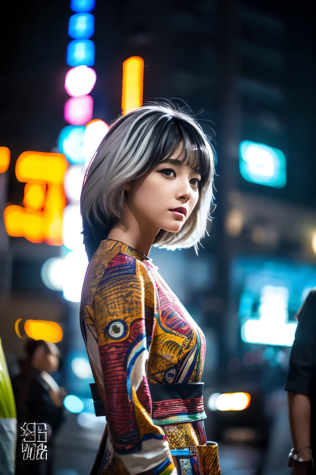 Masterpiece, high quality, high resolution, 8K, (solo:1.2), ((1girl)), Japanese woman, detailed face, detailed eyes, correct body structure, upper body, ((White hair:1.2)), very long hair, messy hair, slender body, seductive silhouette, luminous bones, depth of field, dark photo at nighttime, dimly lit, bangs, Cinematic Lighting, Tyndall effect, abstract background, futuristic outfits, vibrant colors, modern style, wide sleeves, artistic, unique patterns, colorful, stylish, trendy