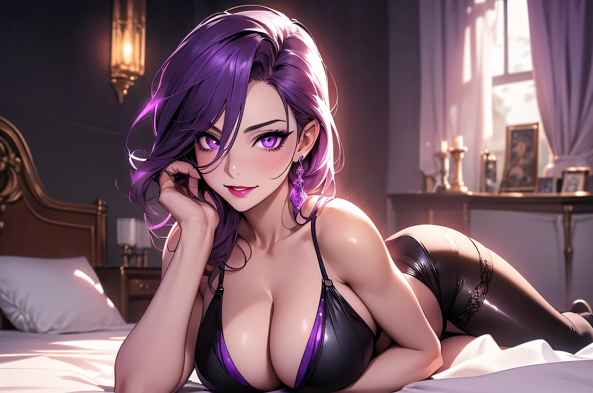 Mature Woman,1 person(Detailed Description,Incredibly absurd,High resolution,8k wallpaper,masterpiece,Highest quality,Depth of region,Anatomically accurate depiction,A face with attention to detail, Eye for detail,Perfect body,Nice hands, Perfect Fingers),(Glowing Skin、Shiny skin、Oilskin),(((Succubus))),(See-through,tights),eyelash,(Intensely glowing purple eyes,Seductive Gaze,There is cleavage in the chest,Bewitching Smile,Large Breasts,lipstick,Spread-legged position on bed,blush,Seductive pose),Devil&#39;s Wings,(whole body),background：On the bed at midnight,Purple air,(From above:1.1)