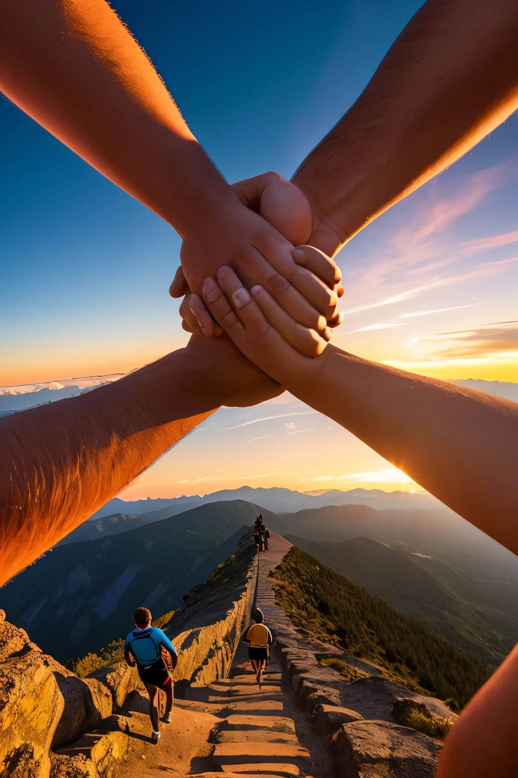 team of people climbing the mountain holding each other's hands, helping to win, at sunset, realistic, motivational, photoshop effects, landscape format image