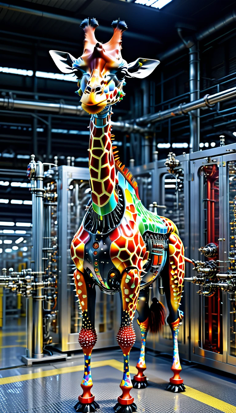 There is no one, Reality Photos, Reality Photos, Realistic photo of a giraffe-like creature, spikes, multicolored sparkling, strange and, Surreal and, the other world, A robotic factory with a shiny assembly plant, intricate details, very sharp, Sophisticated details, Flawless composition, vivid colors, masterpiece, futuristic, metal decoration, The shiny red interior is empty., polished, ray tracing